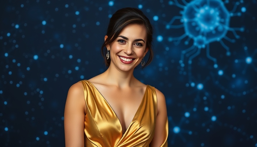 Elegant woman at Breakthrough Prize event backdrop, future of business theme.