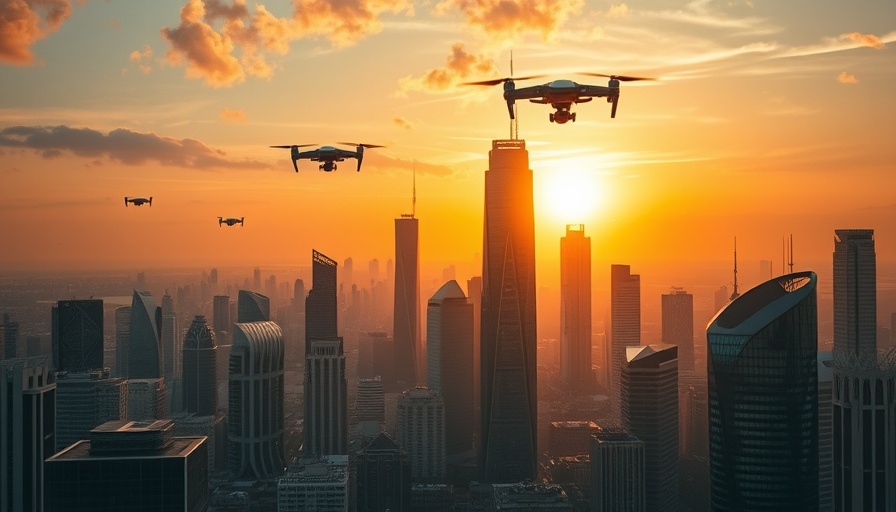Futuristic skyline symbolizing the future of business with drones and digital screens.