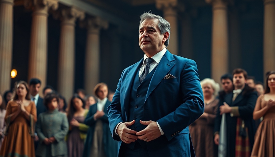 Distinguished performer in a suit on stage with historical theme, future of business ambiance.