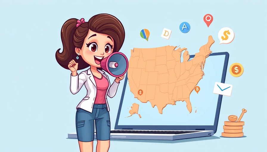 Illustration of influencer marketing concept with USA map on a laptop.