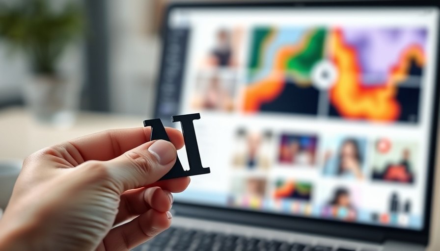 Close-up of a hand holding AI letters with a laptop background.