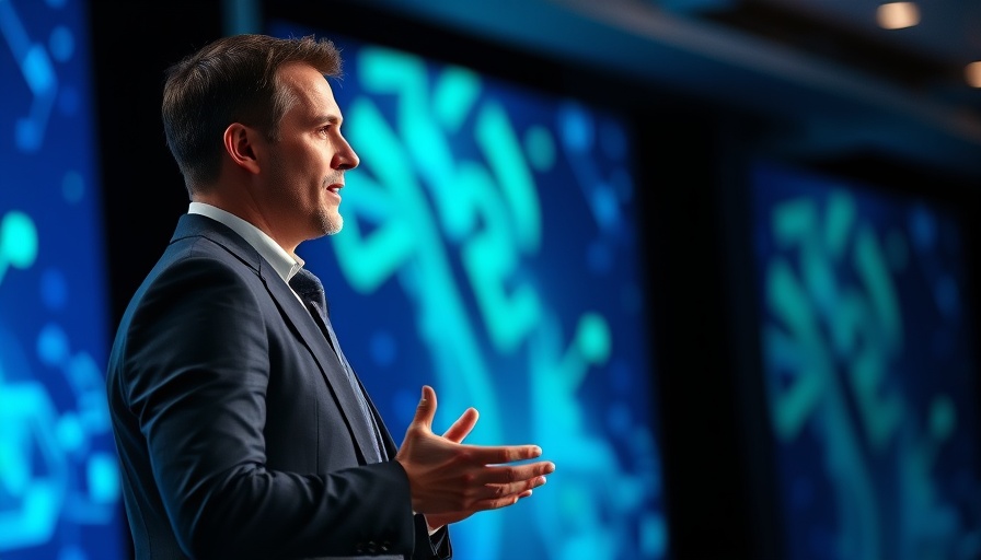 AI product leader delivering speech at a digital conference.