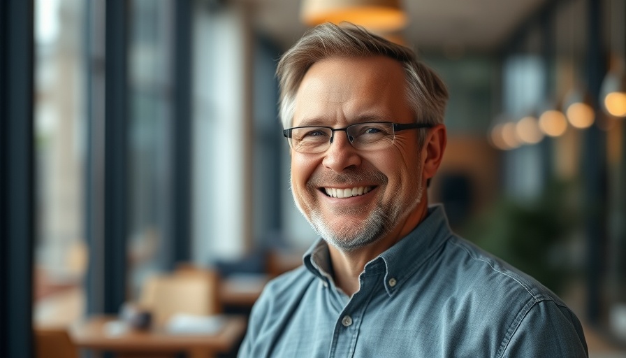 Casual man smiling confidently indoors, AI Workflows for Influencers.