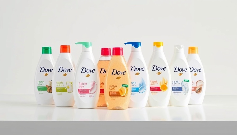 Dove body wash bottles in a sleek ad display.