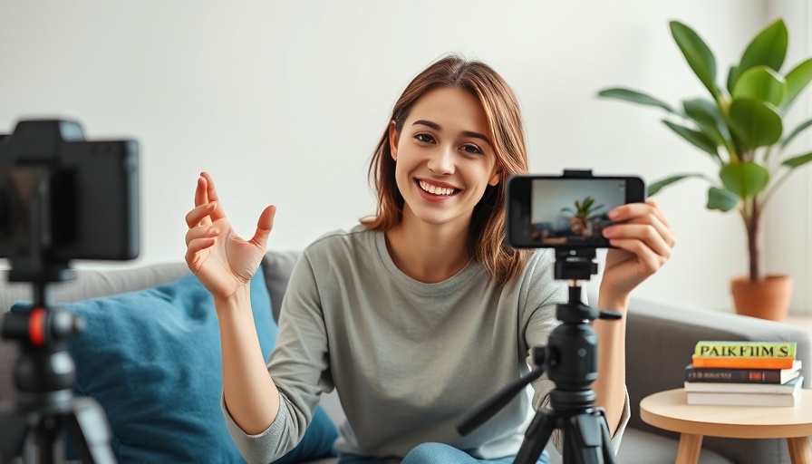 Cheerful influencer creating content with smartphone at home