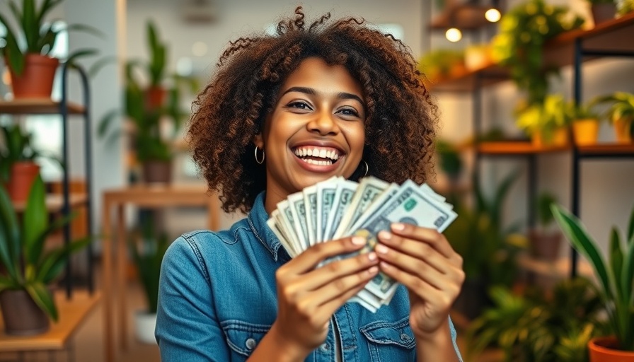 Joyful woman smiling and holding money indoors, symbolizing ways to make money on TikTok.
