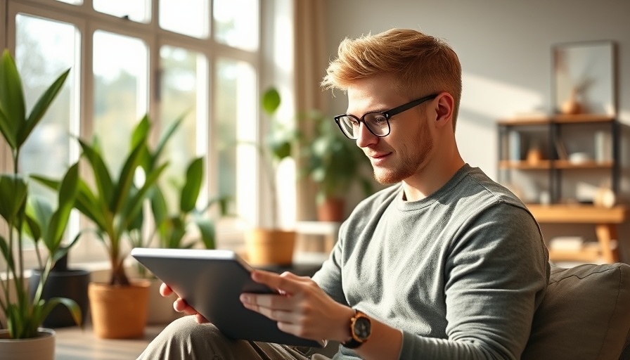 Young man using tablet in a minimalist modern living room.