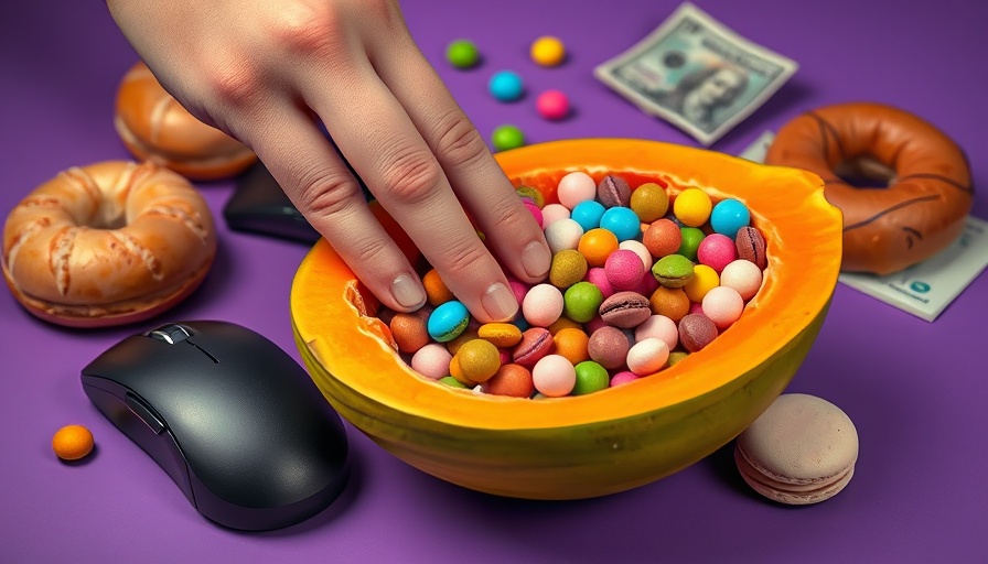 Vibrant artistic composition with hand and candies on purple background.