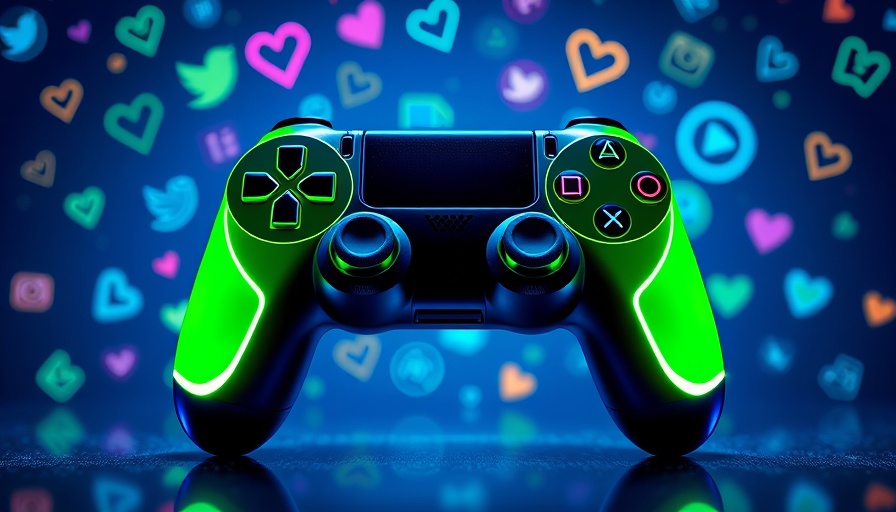 Vivid gaming content graphic with social media icons on blue background.