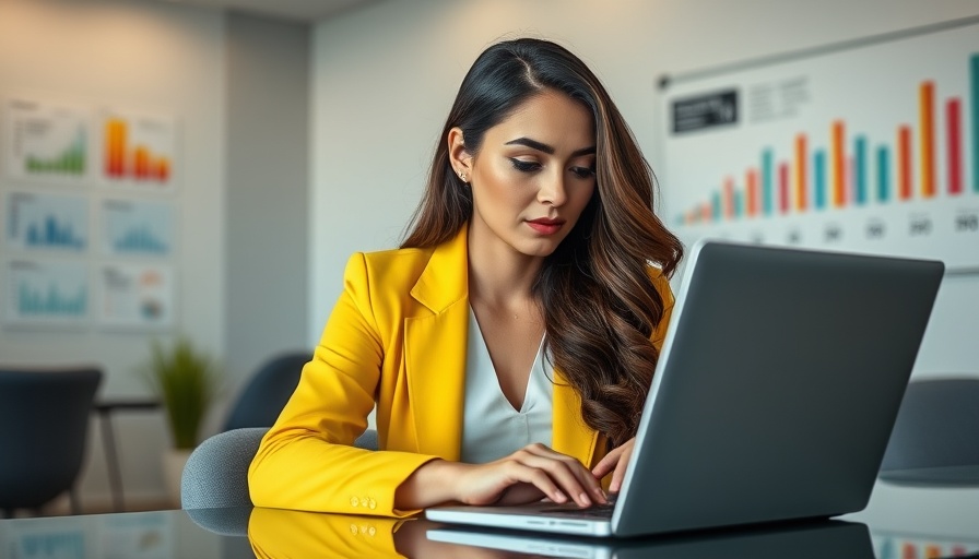 Executive branding image with woman in yellow blazer using laptop.