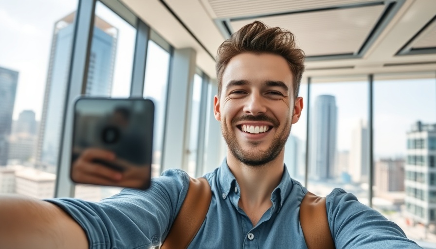 Casual man smiling in modern office, AI job searching techniques.