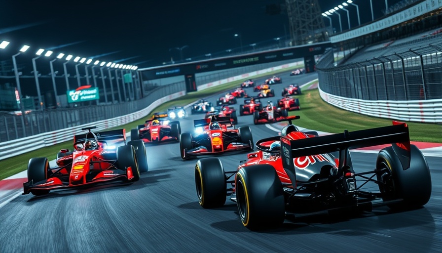 Intense Formula 1 race showcasing creator-driven strategy, vibrant night scene.