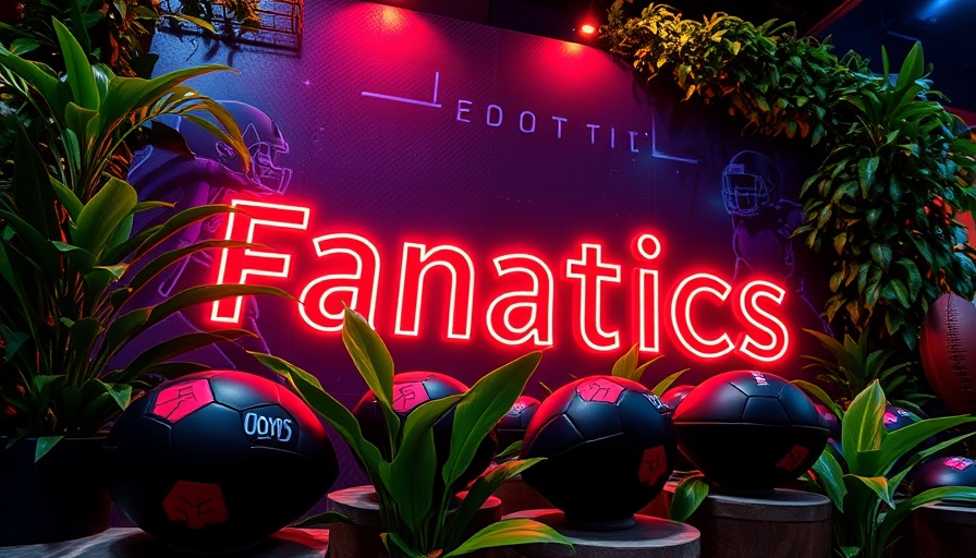Futuristic display wall with neon Fanatics logo and footballs, creator economy theme.
