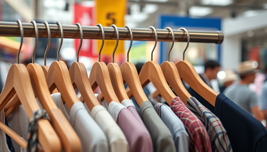 Close-up of a clothing rack in a bustling retail store