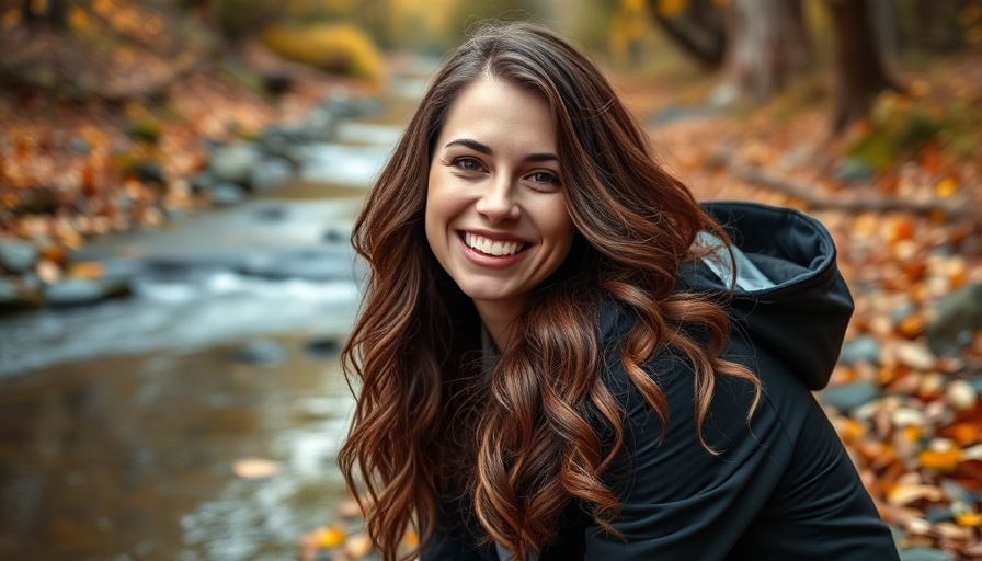 Smiling woman outdoors by a stream, embracing nature.