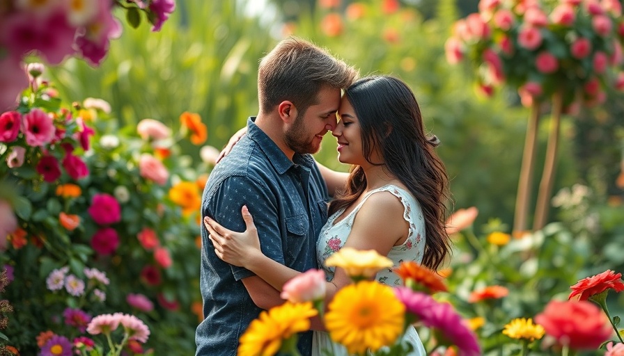 Two people embracing in a garden with flowers, highlighting romance.