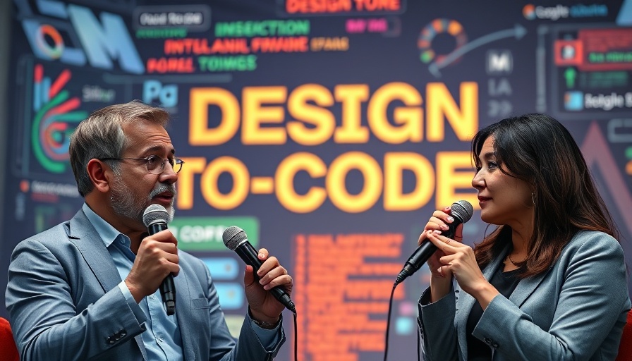 Digital banner with design-to-code theme showing two speakers, AI tools for influencers.