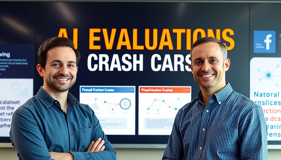 Instructors promoting AI evaluations crash course in 50 minutes, bold text backdrop.