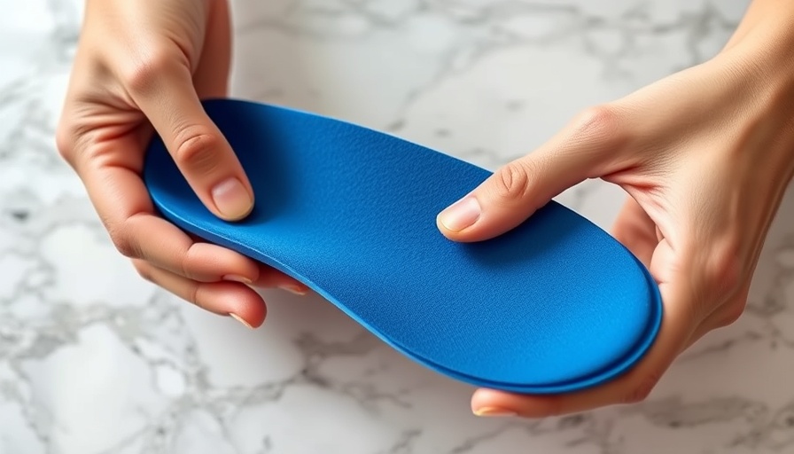 Hands holding flexible insole for heel pain support on marble.