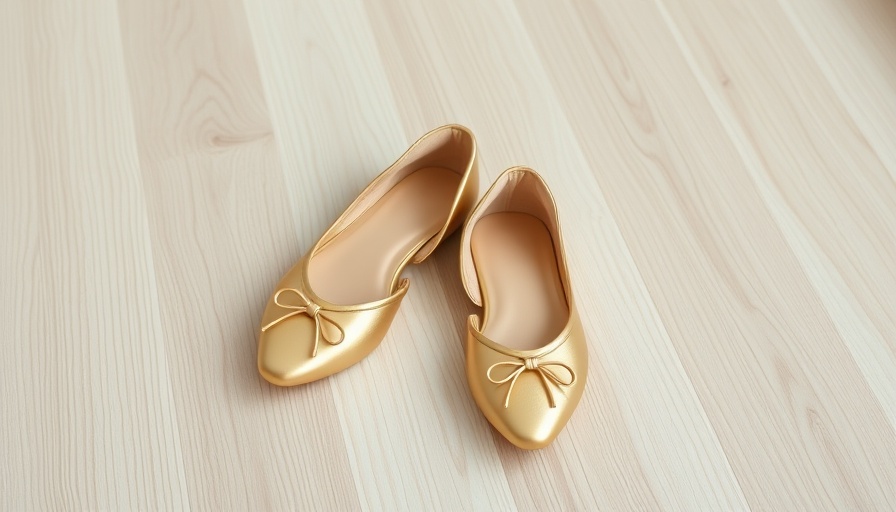 Stylish gold barefoot shoes on light wood floor, USA made.