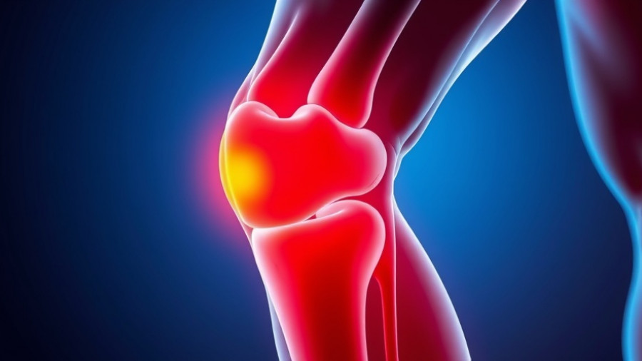 Digital illustration of a knee joint showing arthritis pain, highlighting inflammation.