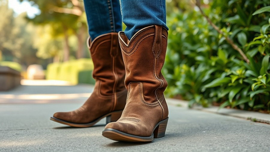 Casual suede cowboy boots with wide toe box worn outdoors