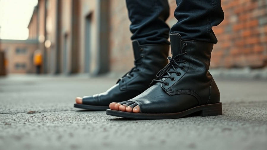 Black leather barefoot boots on concrete during 2025 Black Friday sales.