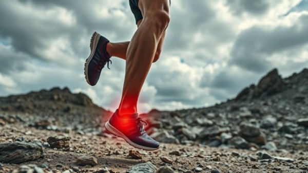 Highlighted ankle illustrating running injury concept, rocky terrain.