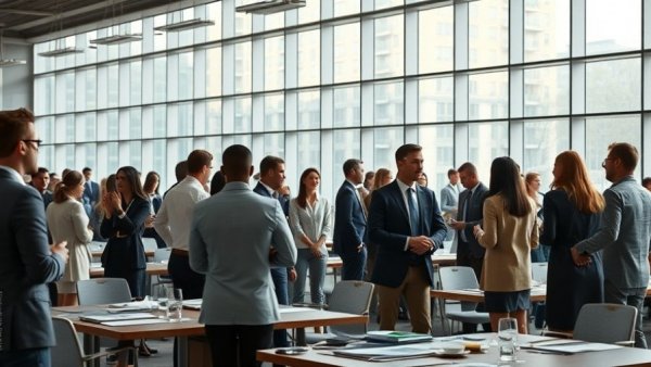 People networking at a professional event discussing spa deals.
