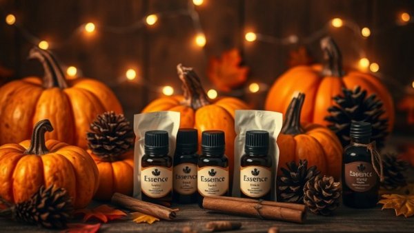 Pumpkin spice aromatherapy products with autumn decor.