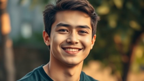 Portrait of a young man smiling gently in a natural outdoor setting.