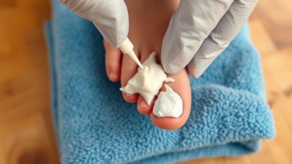 Hydrogen sulfide nail infection treatment, close-up of foot with cream being applied.