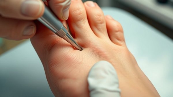 Close-up of ingrown toenail treatment.
