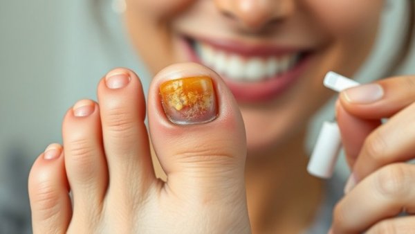 Close-up of fungal nail treatment demonstration.