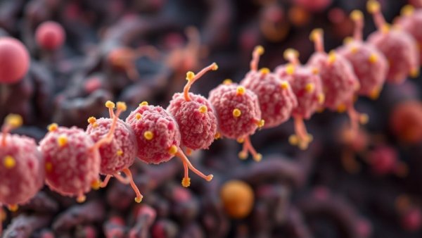 Macro view of bacteria interacting on textured surface related to chronic wounds healing.