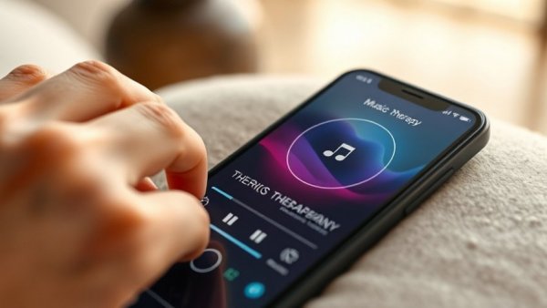 Smartphone with music therapy app, hand nearby, soothing ambiance, healing power of music therapy.