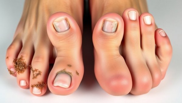 Nail fungus vs nail psoriasis comparison on feet, medical illustration.