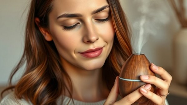 Calm woman meditating with aromatherapy nasal diffuser indoors.