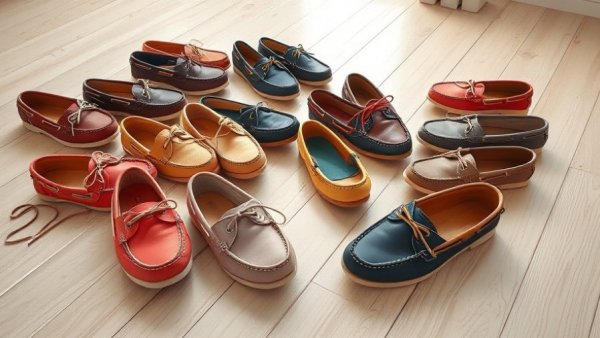 Variety of stylish barefoot boat shoes on wooden floor.
