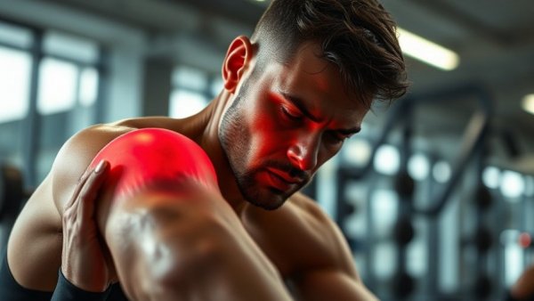 Athlete using red light therapy device in gym setting.