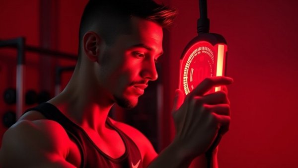 Athlete using red light therapy device in gym, calm focus.