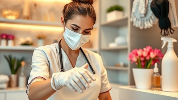 Spa worker cleaning vigorously in modern setting, showcasing spa cleanliness standards.