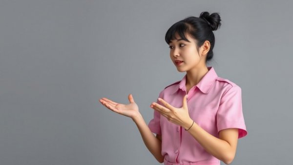 Woman explaining to prevent verrucas in pink uniform, neutral background.