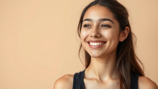 Smiling young woman with nose strip, promoting intake breathing spa products.