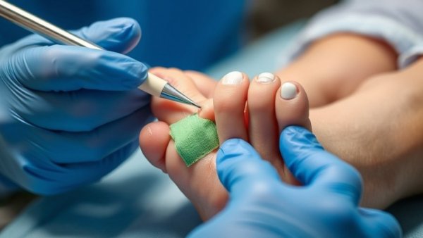 Professional treating nail fungus with care in a clinical setting.