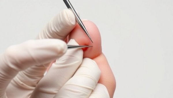 Ingrown toenail treatment using tweezers in a medical setting.