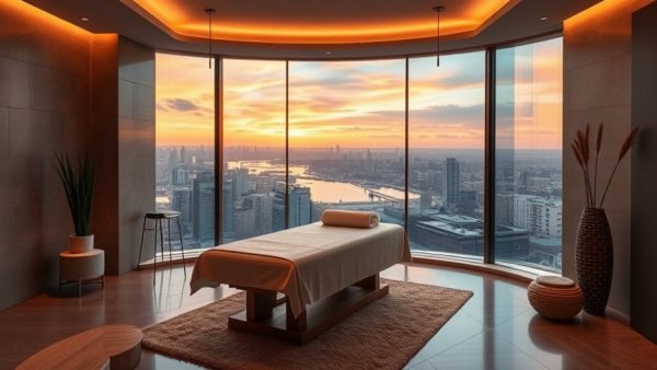 Luxurious spa room at sunset with panoramic city view.