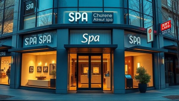 Modern spa storefront at evening, illuminating the urban setting.
