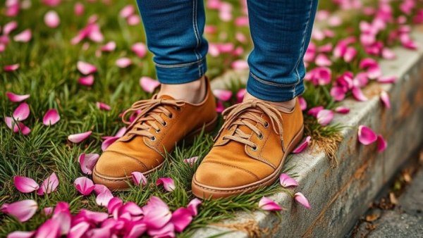 Brown suede barefoot sneakers on grassy curb with pink flowers.
