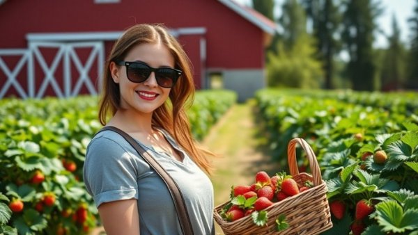Woman in sandals holding strawberry basket in sunny field.